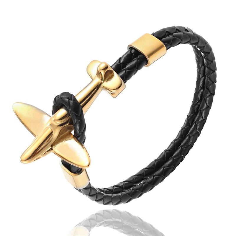 Luxury Modern New Airplane Stainless Steel Gold Aviation Airplane Anchor Bracelets For Men and Women In Retro Leather Bracelet Air Force Style Homme Jewelry Style