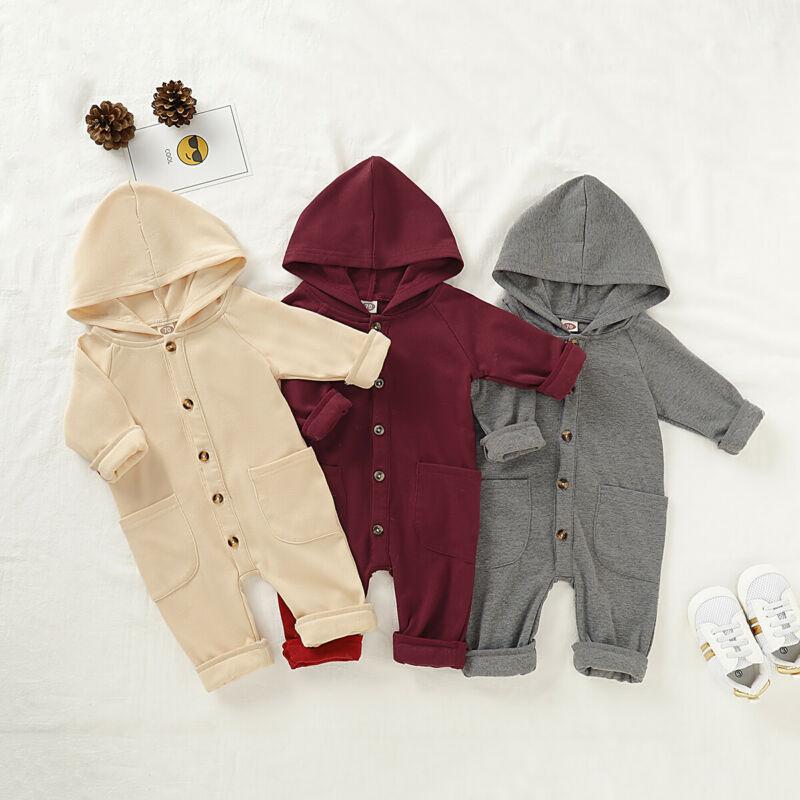 Newborn Clothing Solid Long Sleeve Hooded Button Pockets Romper Winter Warm Jumpsuit for Girls and Boys