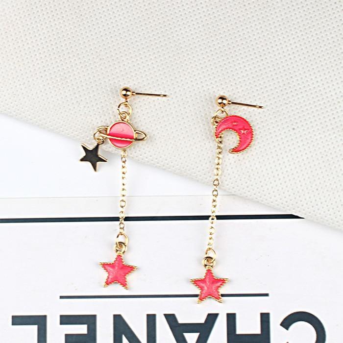 New Modern Fashion Blue Space Universe Elegant Moon Star Luxury Earrings For Women Perfect Gold Color Universe Planet Circle Asymmetry Trendy Long Earrings