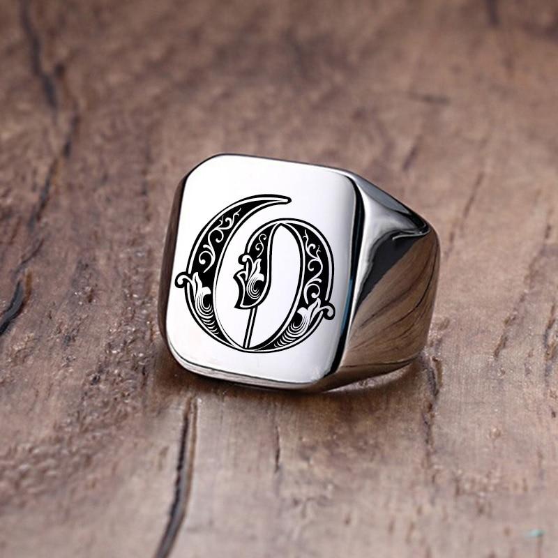 Modern Letter Retro Initials Signet Ring for Men 18mm Bulky Heavy Stamp Male Band Stainless Steel Letters Custom Jewelry Gift for Him