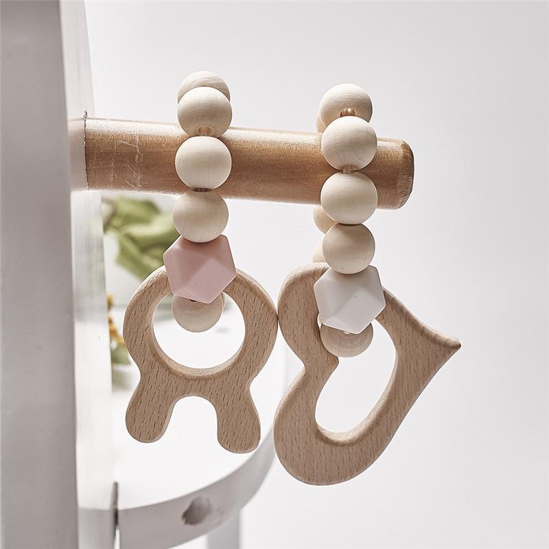 Modern Baby Silicone Wooden  Nursing Bracelets Wood Teether Silicone Beads Teething Wood Rattles Toys for Baby