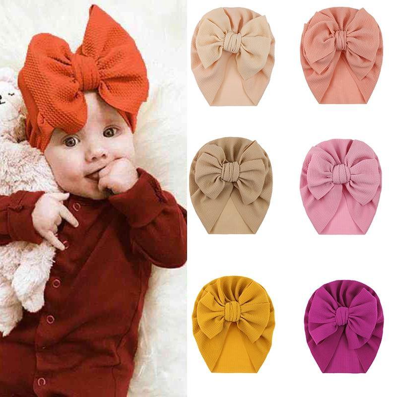 Handamde Elegant Baby Hats for Girls Big Bow Turban Hat Newborn  Baby Beanie Cap Solid Color Style