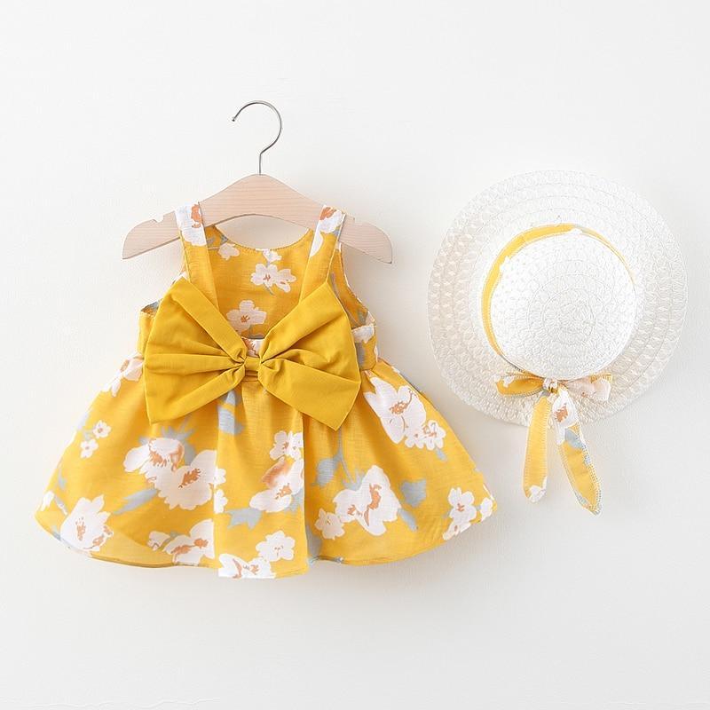 Luxury Modern Elegant Summer Bow Print Dress With Hat 2 piece Baby Clothes Suits Newborn Toddler Dress