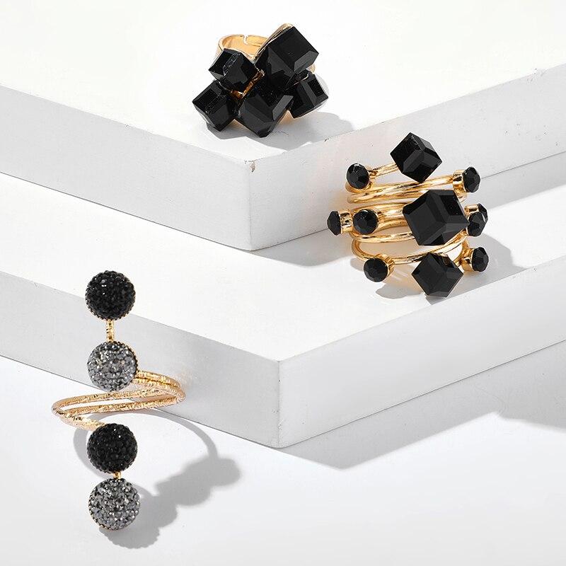 Modern Antique Gold Black Rhinestone Opening Finger Rings Set for Women With Earrings in Elegant Stone Deisgn