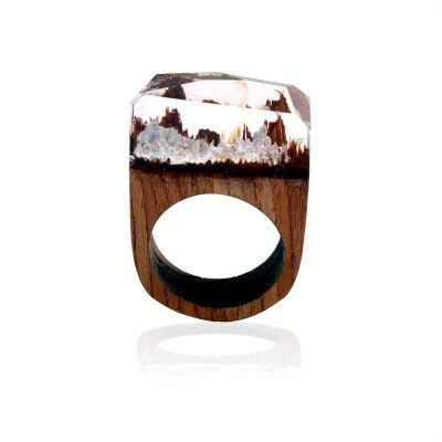 Epic Handmade Luxury Wedding Wood Resin Stone Ring Elegant With Magnificent Fantasy Secret Magic Landscape Wooden for Women and Men