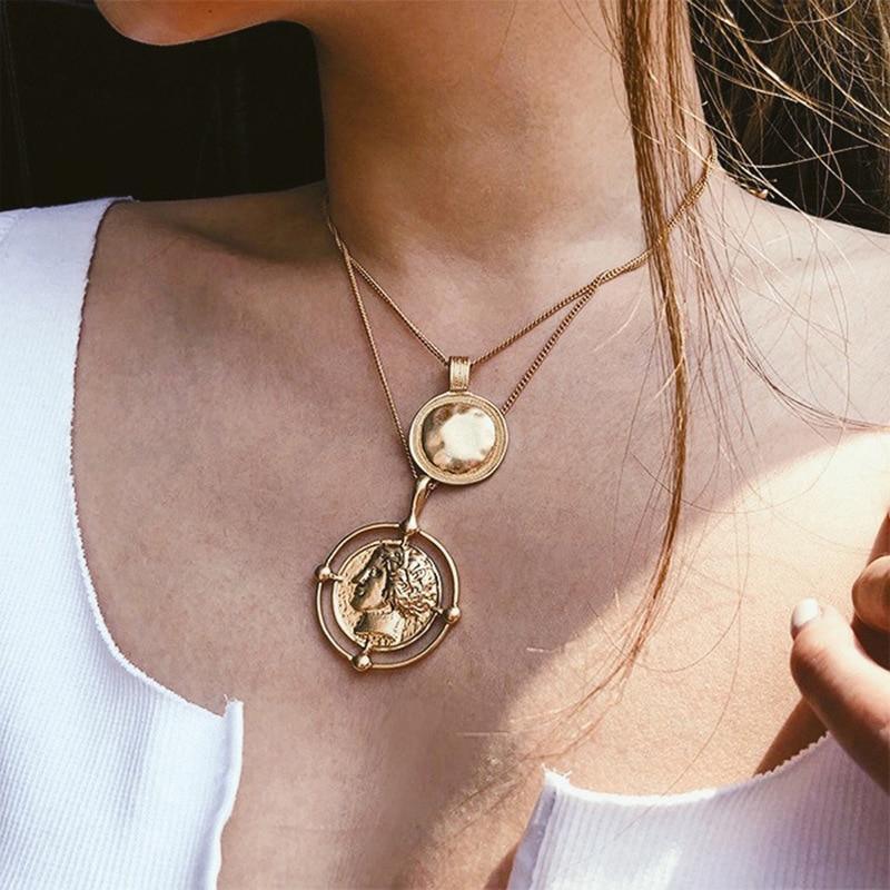 Multi Layered Necklace For Women Bohemian Coin Star Moon Geometric Chain Round Luxury Jewelry Perfect Gift Cool Style