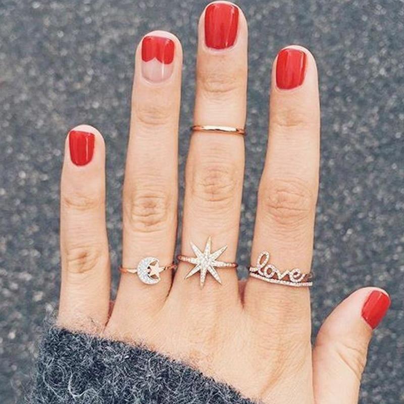 Boho Women Rings Set Compass Arrow Starfish Wave Moon Eyes Gem Gold Silver Color Opening Midi Ring Charm Lady Jewelry