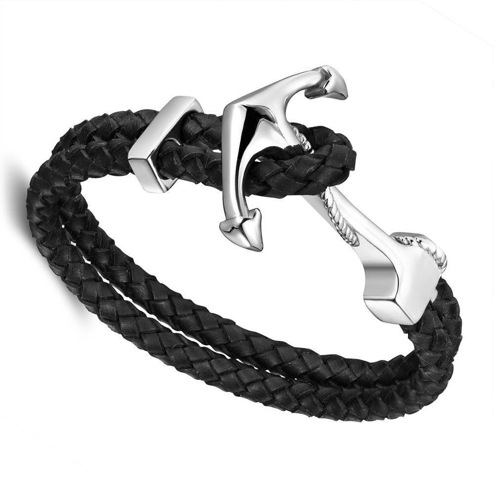 Men Luxury Titanium Steel Vintage Genuine Leather Bracelets Stainless Steel Anchor Armband Fashion Jewelry Bracelet Accessories For Man