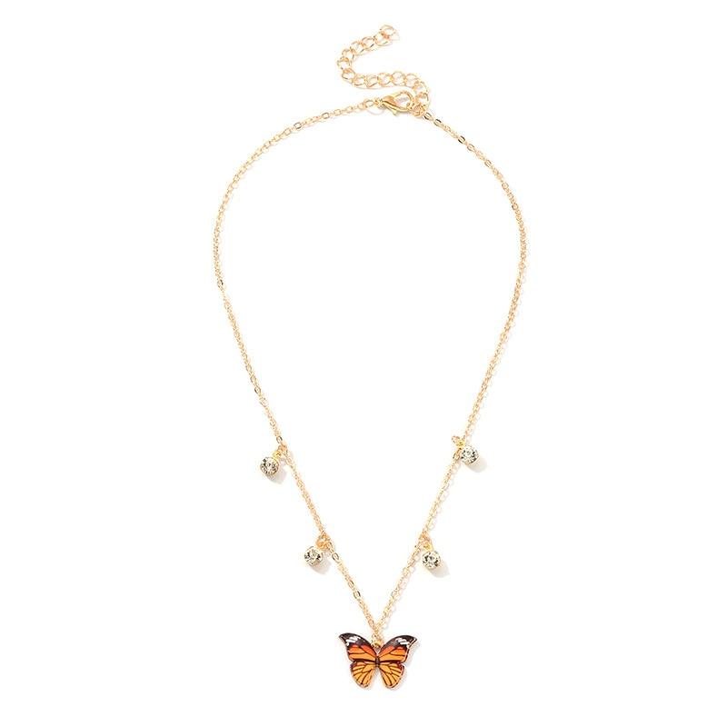 Luxury European Women Butterfly Pendant Necklaces Colorful Rhinestone Gold Chain Simple Choker Necklace