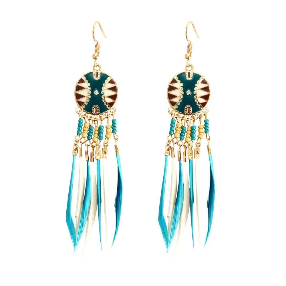 Handmade Modern Elegant Golden Silver Color Ethnic Acrylic Luxury Rainbow Beads Feather Drop Earrings for Women Boho Jewlery