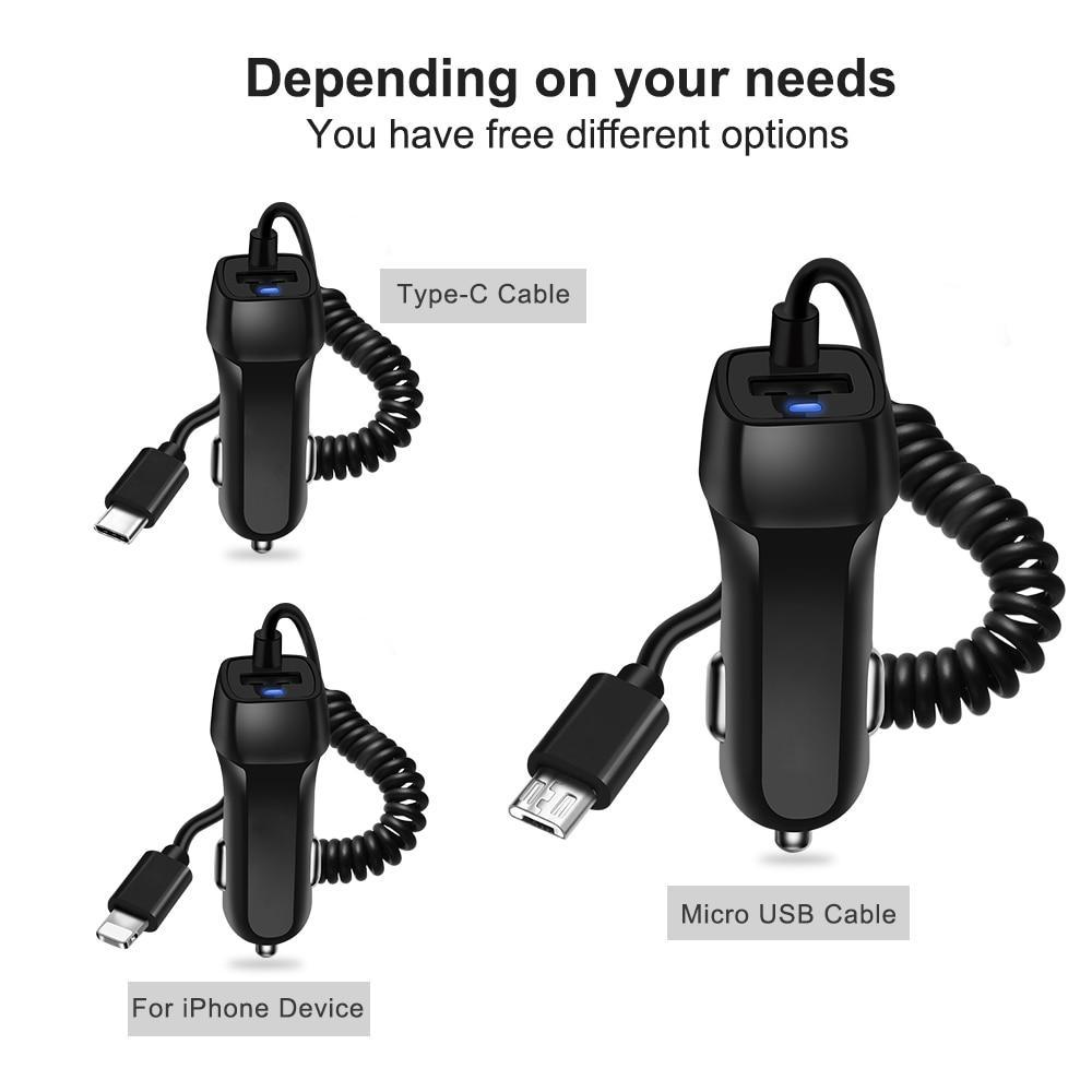 Car Charger With USB Cable Mobile Phone Charger Micro USB Type C Cable Fast Car Phone Charger