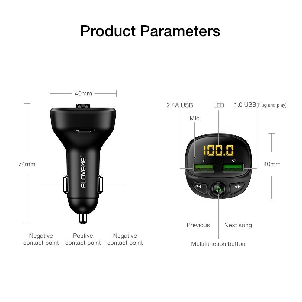 3.4A Fast Black Car Charger FM Transmitter Bluetooth Dual USB Mobile Car Phone Charger Fast Charging MP3 TF Card Music Car Kit