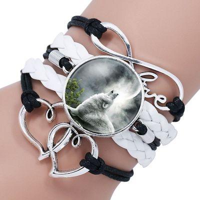 Classic Retro Wolf Head Elegant Bracelet Leather Bangle Luxury Bracelet Jewelry Boho Glass Moon Men Wrap Bangles For Men Women