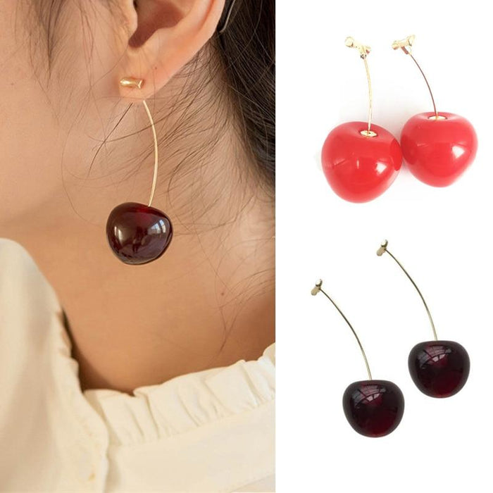 Unique Fashion Red Cherry Gold Drop Earring and Sweet Fruit Long Crystal Earrings for Women and Girls In Modern Jewelry Style