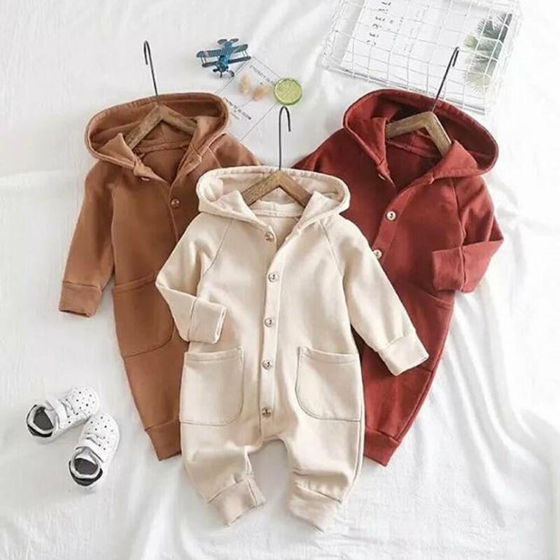 Newborn Clothing Solid Long Sleeve Hooded Button Pockets Romper Winter Warm Jumpsuit for Girls and Boys