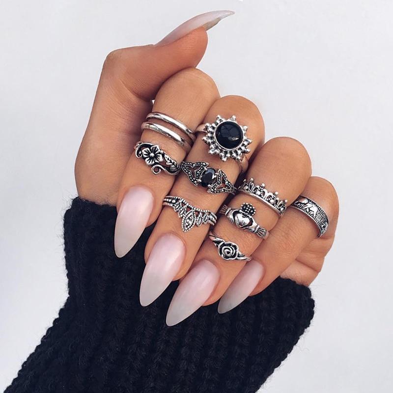 Boho Women Rings Set Compass Arrow Starfish Wave Moon Eyes Gem Gold Silver Color Opening Midi Ring Charm Lady Jewelry