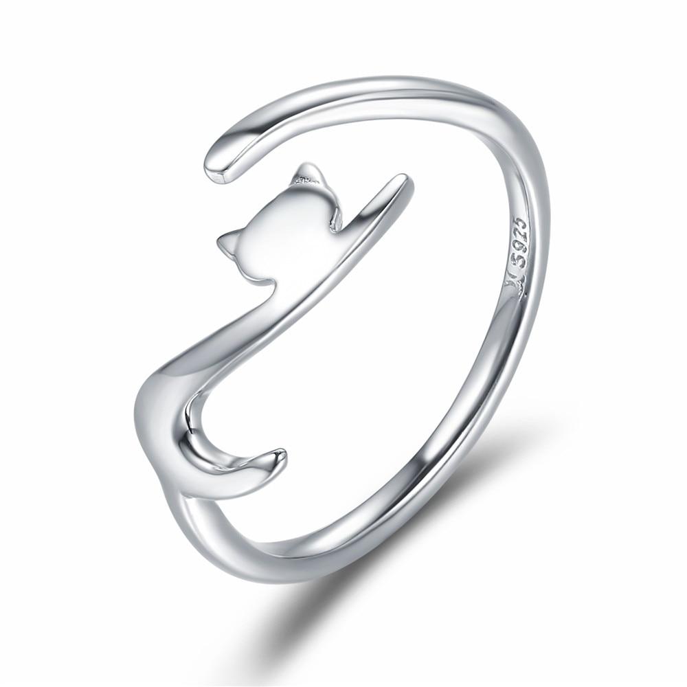 Great 925 Sterling Silver Elegant Sticky Cat with Long Tail Finger Ring Luxury Women Ring Adjustable Engagement Ring Jewelry