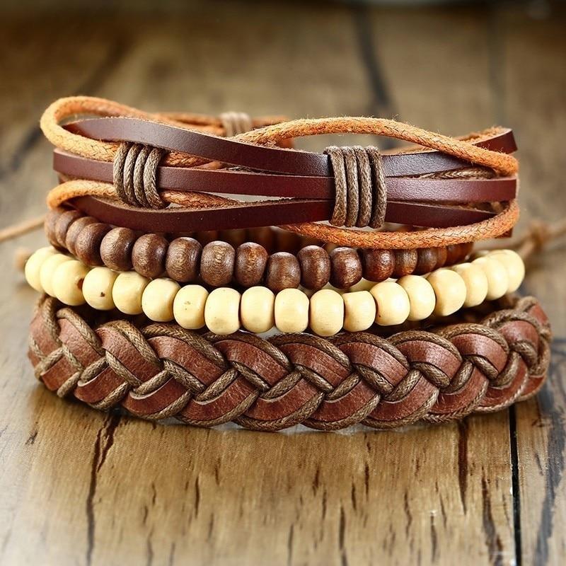 Modern Handmade Braided Wrap Leather Bracelets for Men In Vintage Style With Life Tree Rudder Charm Wood Beads Ethnic Tribal Wristbands