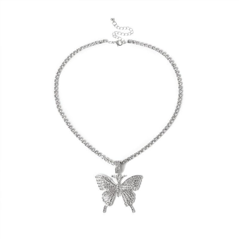 Big Elegant Butterfly Pendant Necklace Luxury Rhinestone Chain For Modern Women Bling Tennis Chain Crystal Choker Cool Necklace Women Jewelry Design