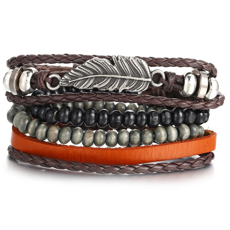 BOHO Tibet Stone Feather Multilayer Leather Bracelet Eye Fish Charms Beads Bracelets For Men Vintage Punk Wrap Wristband Cool Jewelry