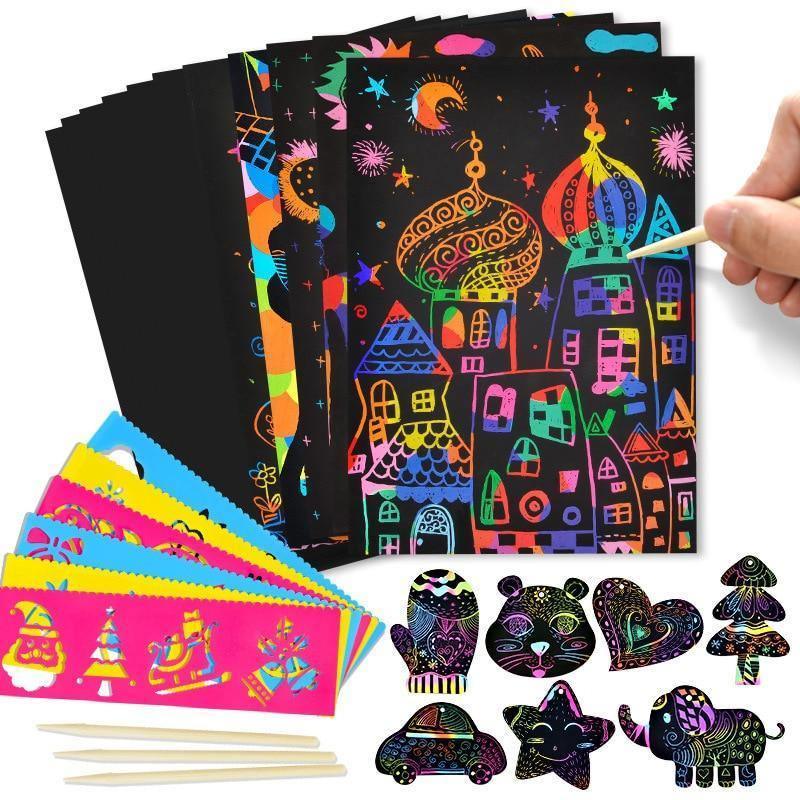 Magic Rainbow Color Scratch Art Paper Card Set With Graffiti Stencil Drawing Board Stick Art Painting Educational Toys