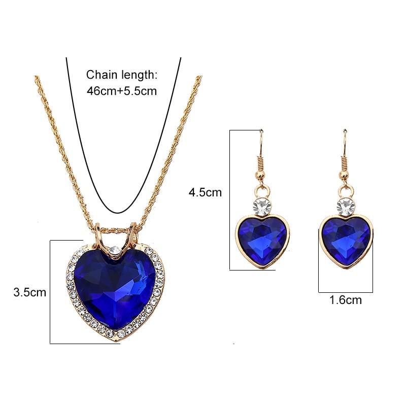 Luxury Fashion Jewelry Gold-color Romantic Austrian Crystal Heart Shape Chain Necklace and Earrings Jewelry Sets For Women