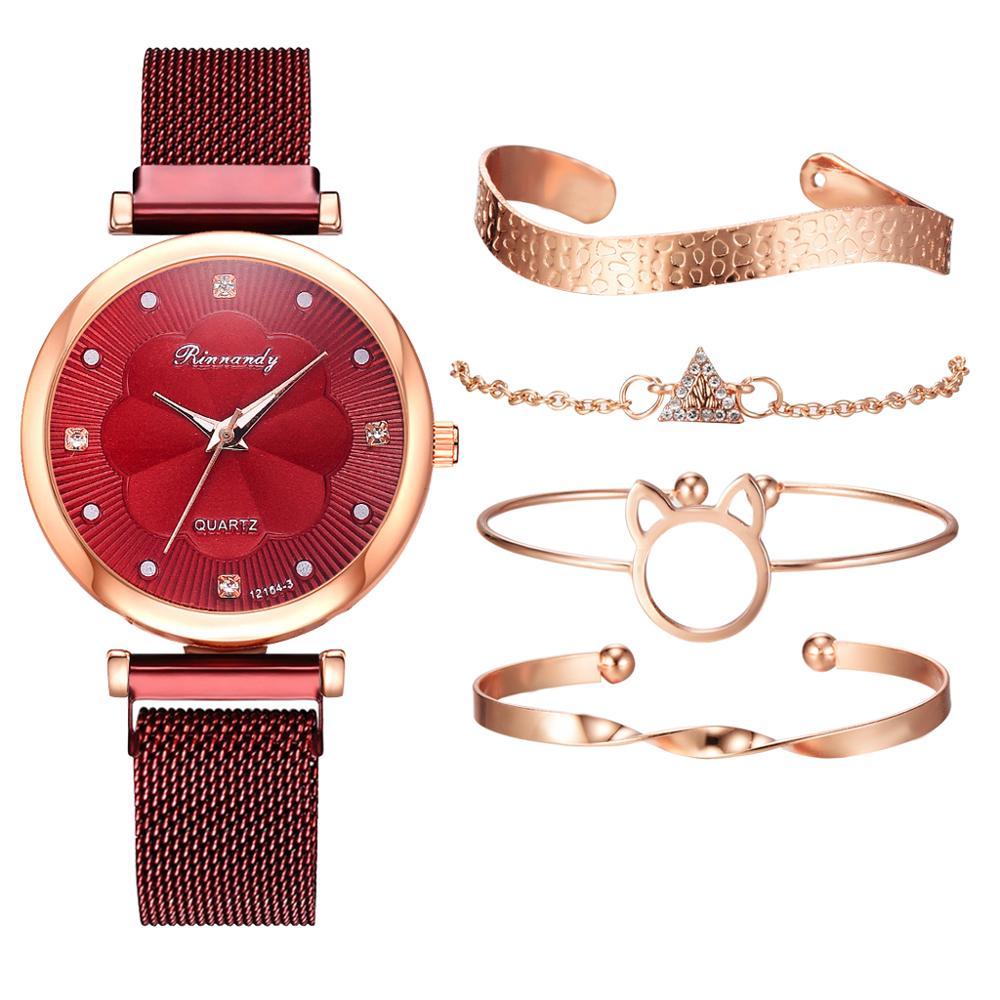 Fashion Set Women Watches Luxury Magnet Buckle Flower Rhinestone Watch Ladies Quartz Wrist Watch  WIth Bracelet In Set For Women and Girls