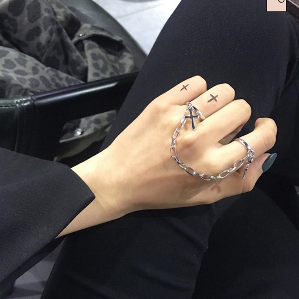 Modern Silver Color Plated Retro Punk Hip-Hop Cross Ring Trendy Hand Finger Chain Adjustable Luxury Rings Elegant Jewelry Gift For Men And Women Unisex Ring