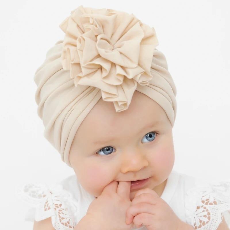 Handmade Pleated Flower Babies' Knitted Cotton Cloth Turban For Baby Girls In Elegant Style