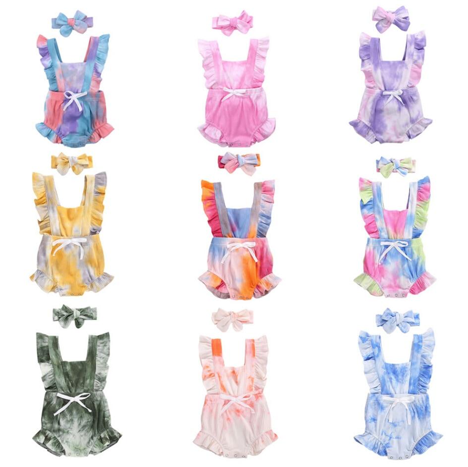 Luxury Modern New Printed Colorful Toddler Girls Rompers With Headband Ruffles Short Sleeve Printed Backless Jumpsuits