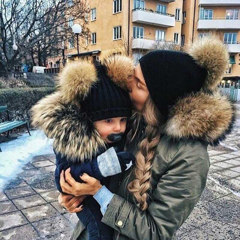 Fashion Parent-child Caps Cute Infant Baby Pom Pom Cap Winter Double Fur Ball Hat Baby Mom Warm Knitted Hat