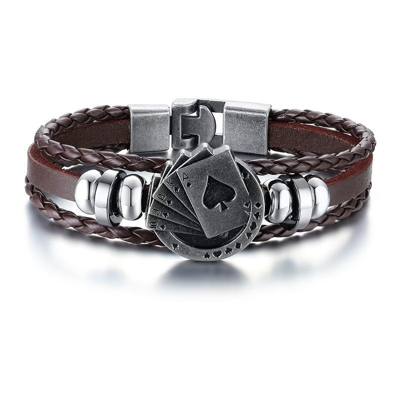 Lucky Vintage Men's Leather Bracelet Playing Cards  Charm Multilayer Braided Men and Women Gift