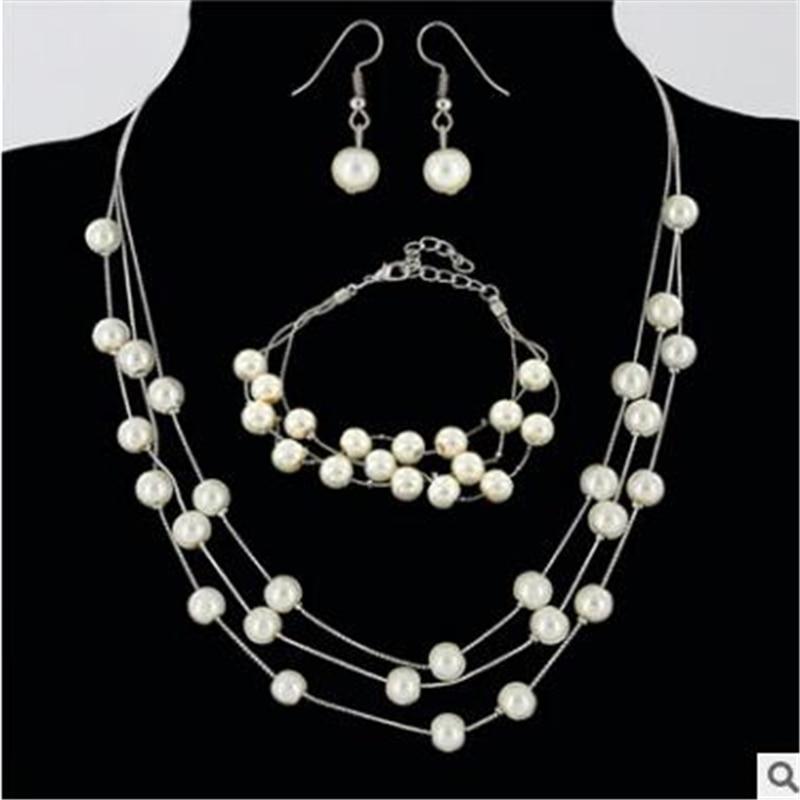 Bridal Simulated Pearl Jewellery Sets for Women's Dresses Accessories Cubic Necklace Earrings Set Gold Color