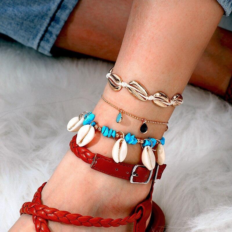 Luxury Leg Brecelet Gold Color Tassel Beads Anklet Bracelet for Leg for Women Set