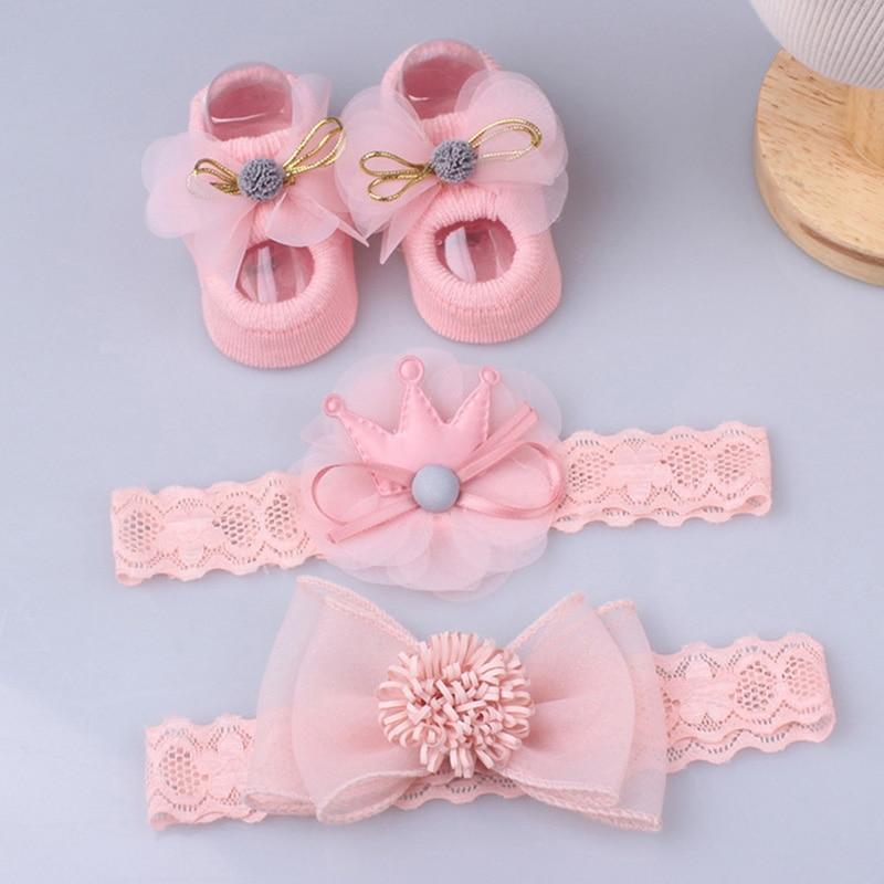 Flower Baby Girl Headband Socks Set Shoes With  Crown Bows Newborn Headbands For Girls Turban Baby Hair Accessories