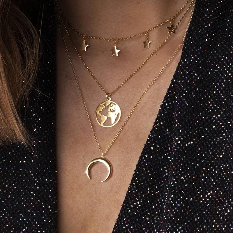 Luxury Modern Gold World Map Choker Map Crescent Moon Necklaces&Pendants Dainty For Women and Girls