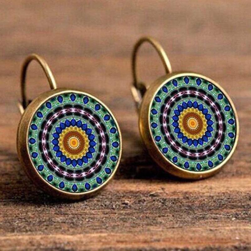 Handmade Boho Flower Drop Earrings For Women Vintage Jewelry Geometric Pattern Round Earrnings