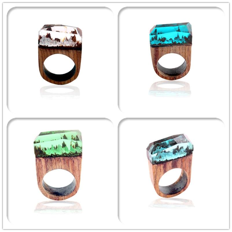 Epic Handmade Luxury Wedding Wood Resin Stone Ring Elegant With Magnificent Fantasy Secret Magic Landscape Wooden for Women and Men