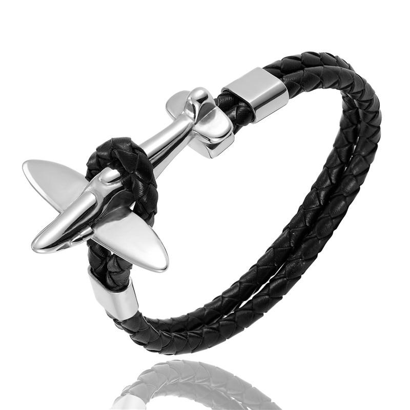 Luxury Modern New Airplane Stainless Steel Gold Aviation Airplane Anchor Bracelets For Men and Women In Retro Leather Bracelet Air Force Style Homme Jewelry Style