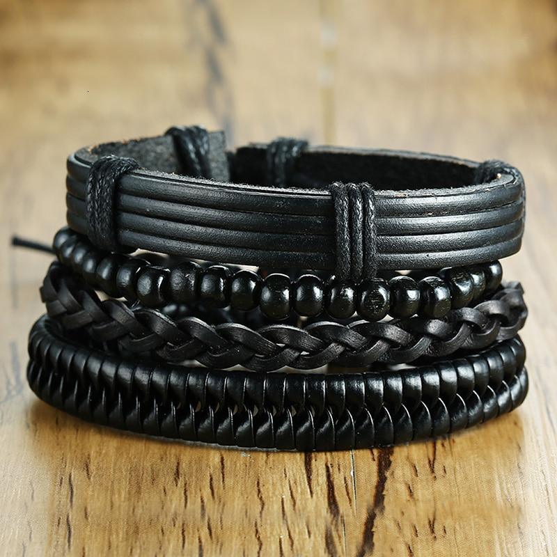 Modern Handmade Braided Wrap Leather Bracelets for Men In Vintage Style With Life Tree Rudder Charm Wood Beads Ethnic Tribal Wristbands