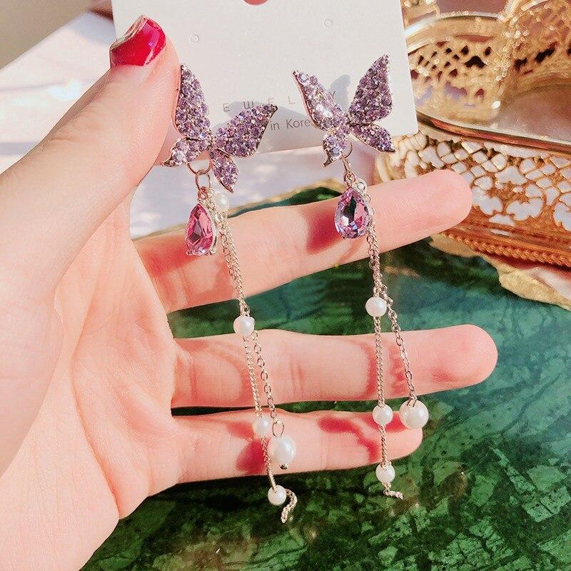 Korean Luxury Shiny Butterfly Rhinestone Drop Earrings For Women Elegant Pearl Tassel Party Jewelry