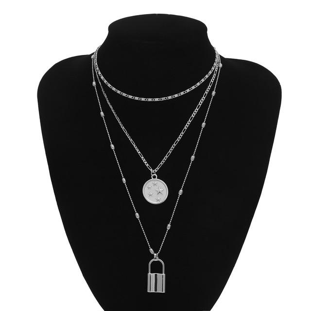 Multi Layer Lover Lock Pendant Choker Chain  Necklace For Women Luxury Jewelry Cool Style