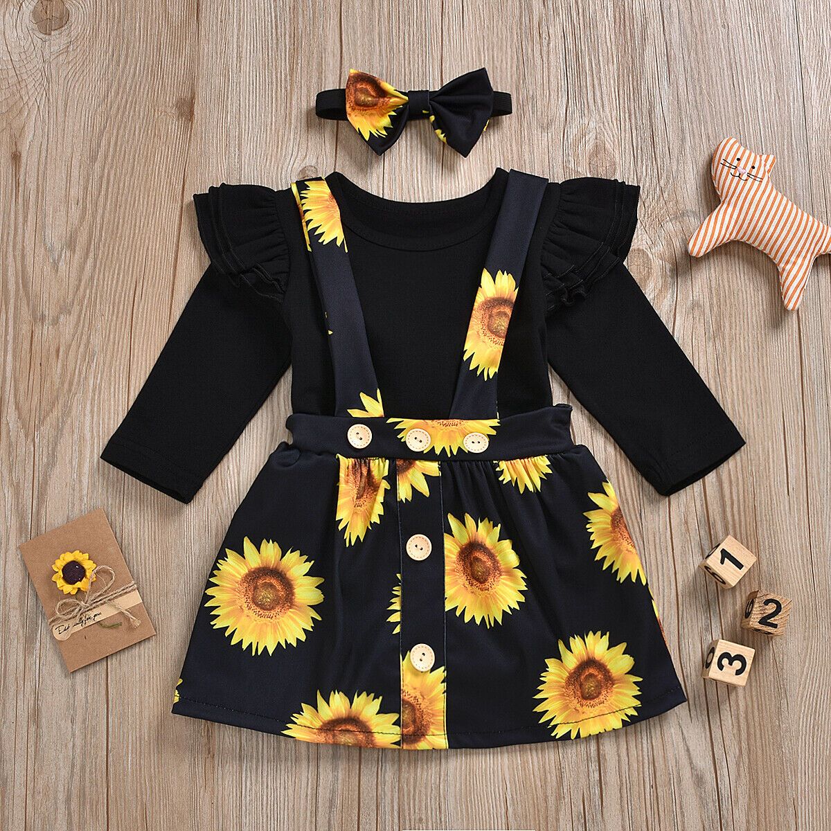 Baby Girls New Fashion Sunflower Floral Romper Toddler Dress Newborn Headband Outfits Girl Sundress Clothes Set