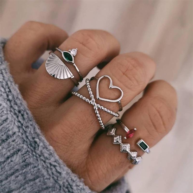 Boho Women Rings Set Compass Arrow Starfish Wave Moon Eyes Gem Gold Silver Color Opening Midi Ring Charm Lady Jewelry