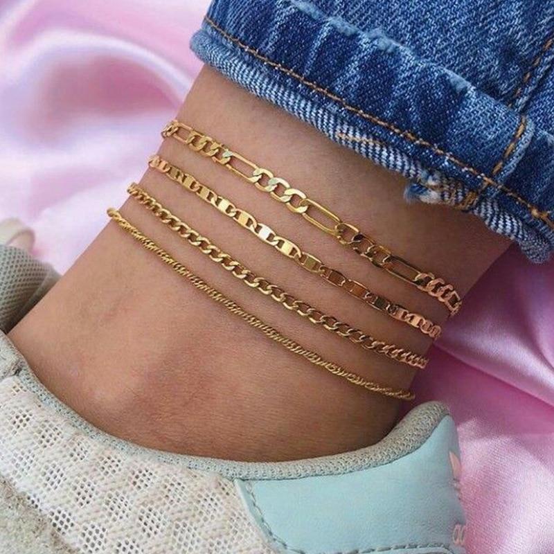 Luxury 4pcs Chian Anklets For Women Simple Gold Silver Color Geometric Chain Ankle Bracelet for legs