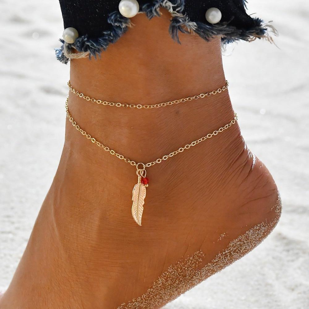 Gold Metal Shell Coconut Tree Female Anklets Barefoot Sandals Foot Summer Double Layers  Foot  Bracelets Leg Jewelry