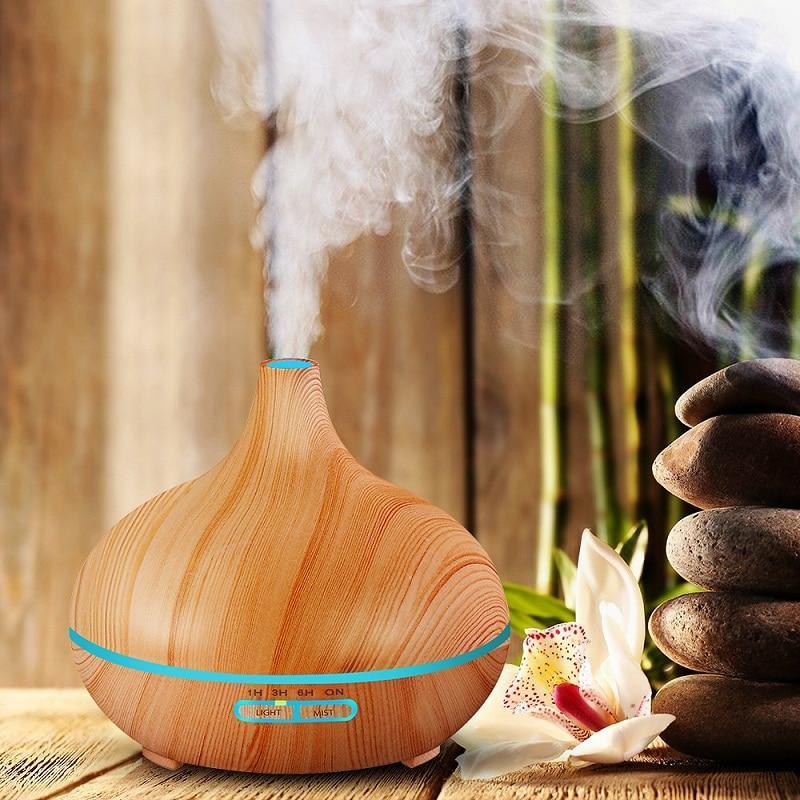 New 550ml Wood Essential Oil Diffuser Ultrasonic USB Air Humidifier with 7 Color LED Lights Remote Control Office Home Diffuser for Office, Home, Bedroom, Living Room, Study, Yoga, Spa; White Wood Grain with Multiple Lighting Options