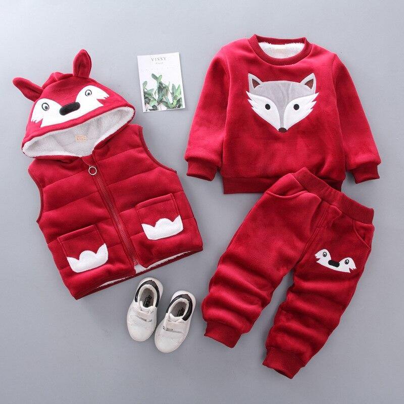 Baby Clothes Winter Thick And Warm Three-piece Cartoon Bear And Fox Printed Sweater Hooded Baby Girl Clothing Set Sweater and Pants