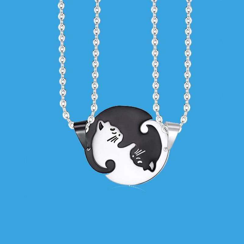 Cool Couple Heart Necklace Elegant Cute Cartoon Cat Pendant Necklace Luxury Simple Personality Color Black Animal Necklace Jewelry Gift For Girl And Boys