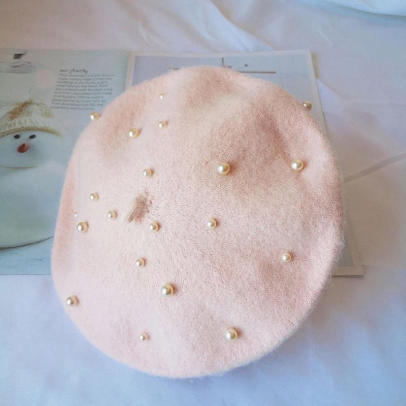 Modern Art Wool Baby Hat with Pearls Cat Candy Color Retro Baby Girl Cap Kids Beret Hats for Girls